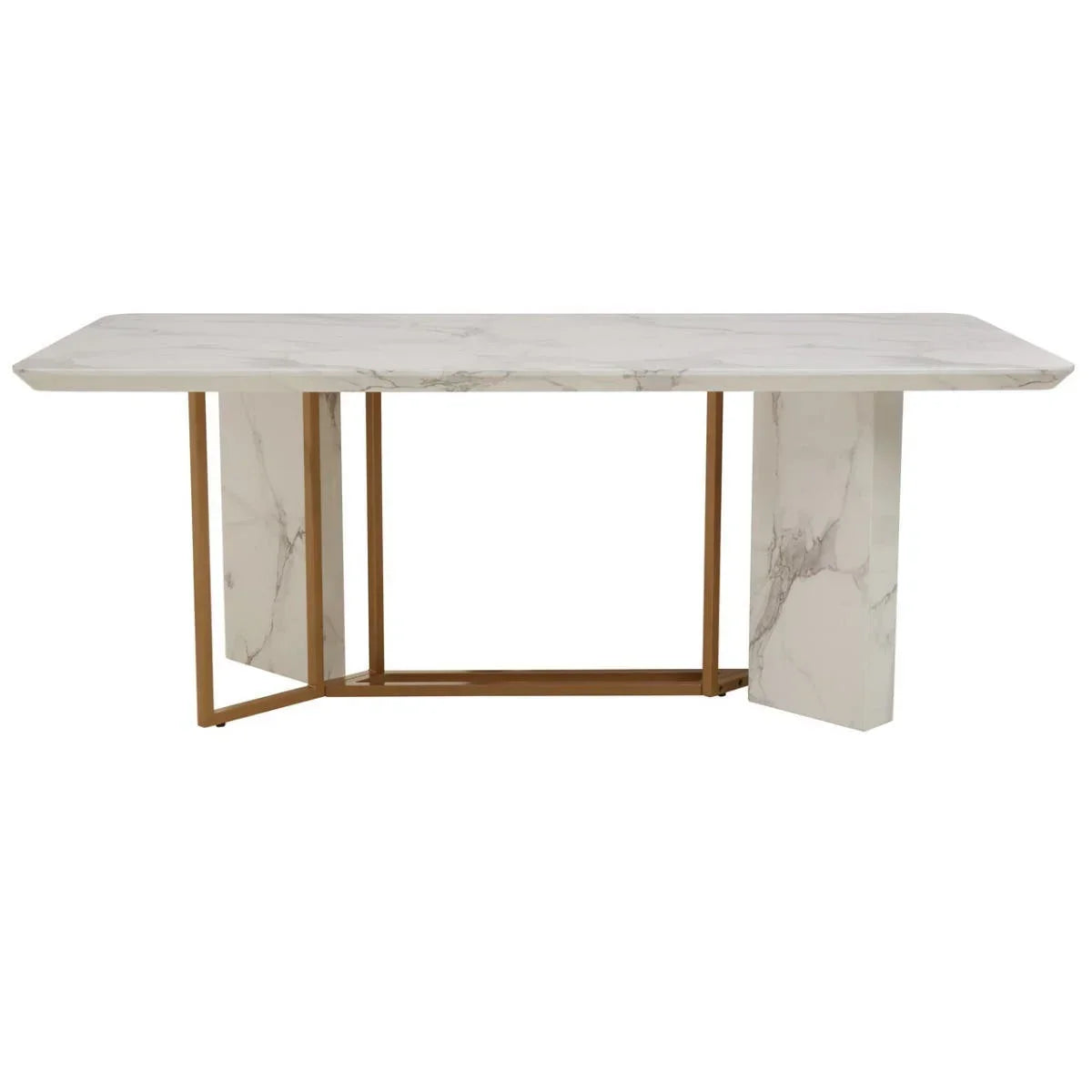 Rectangular marble dining table with gold metal frame and modern geometric base