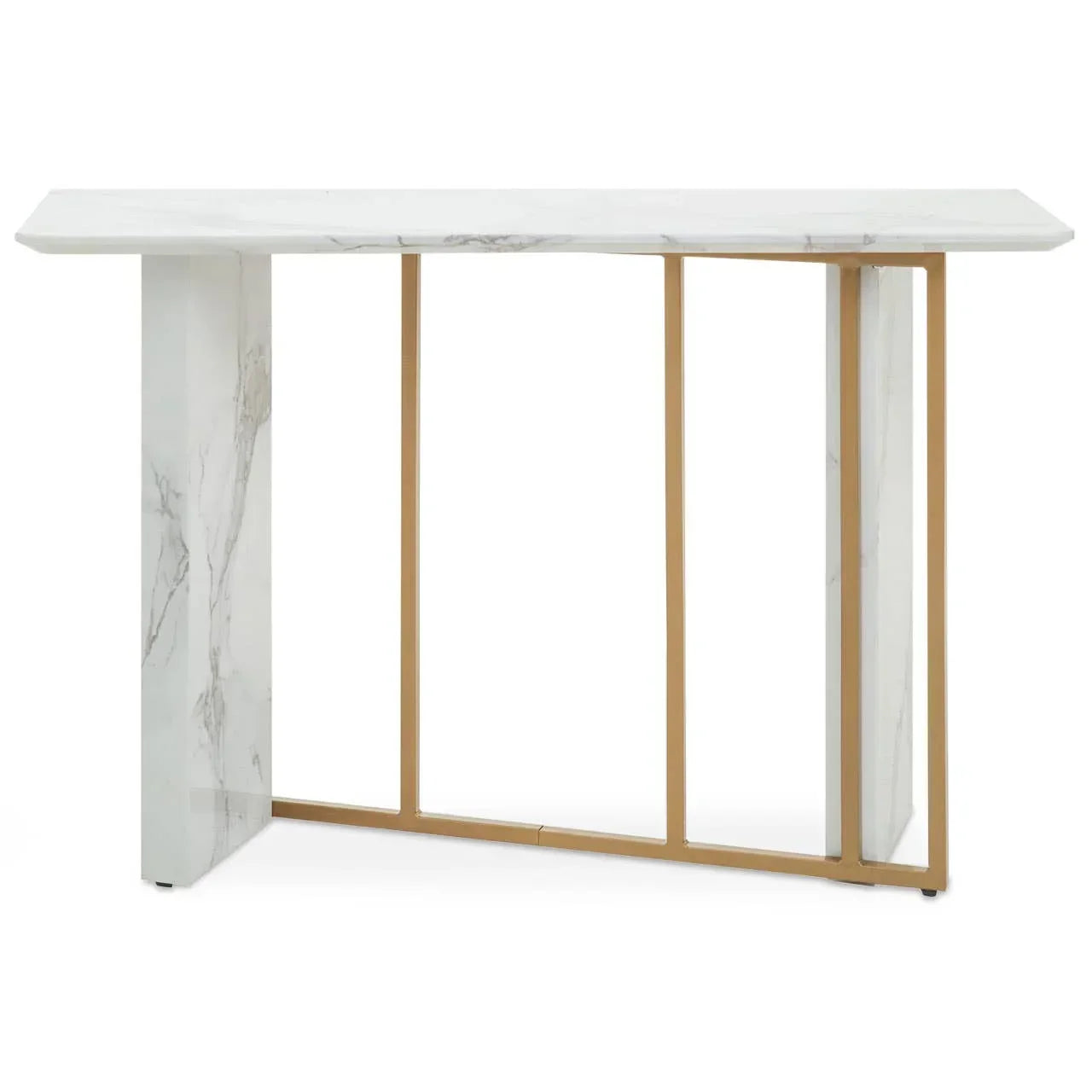 White marble effect console table with gold metal frame and geometric design