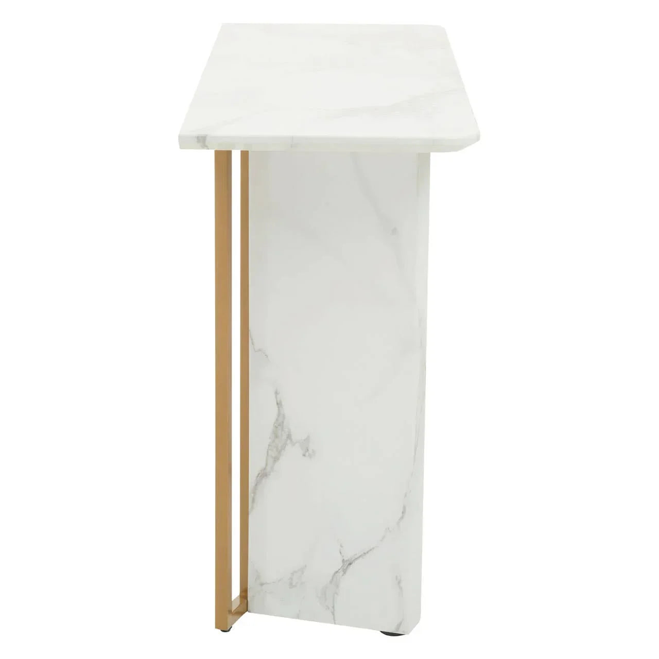 Side view of marble effect console table with gold metal frame