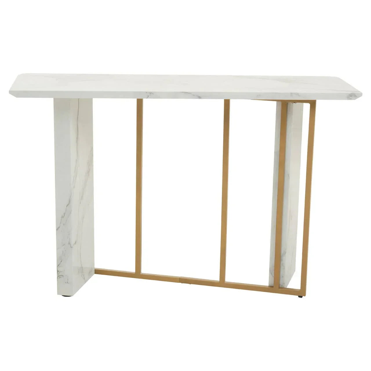 White marble console table with gold metal frame and modern geometric design