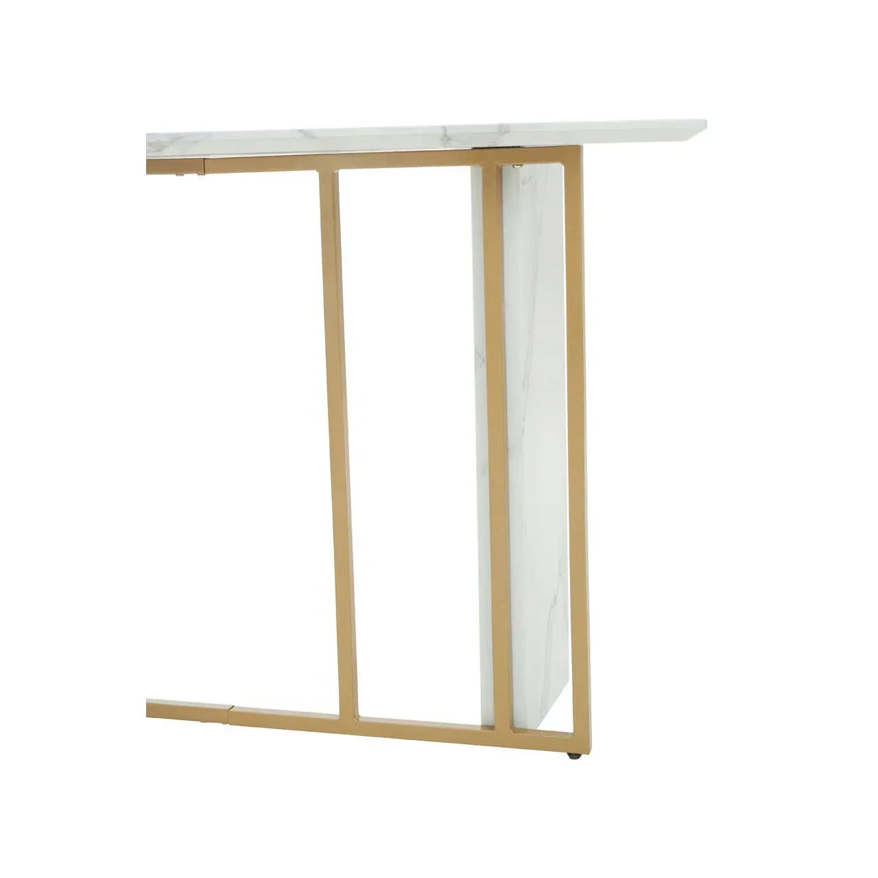 Marble console table with gold metal frame, close view of modern leg design