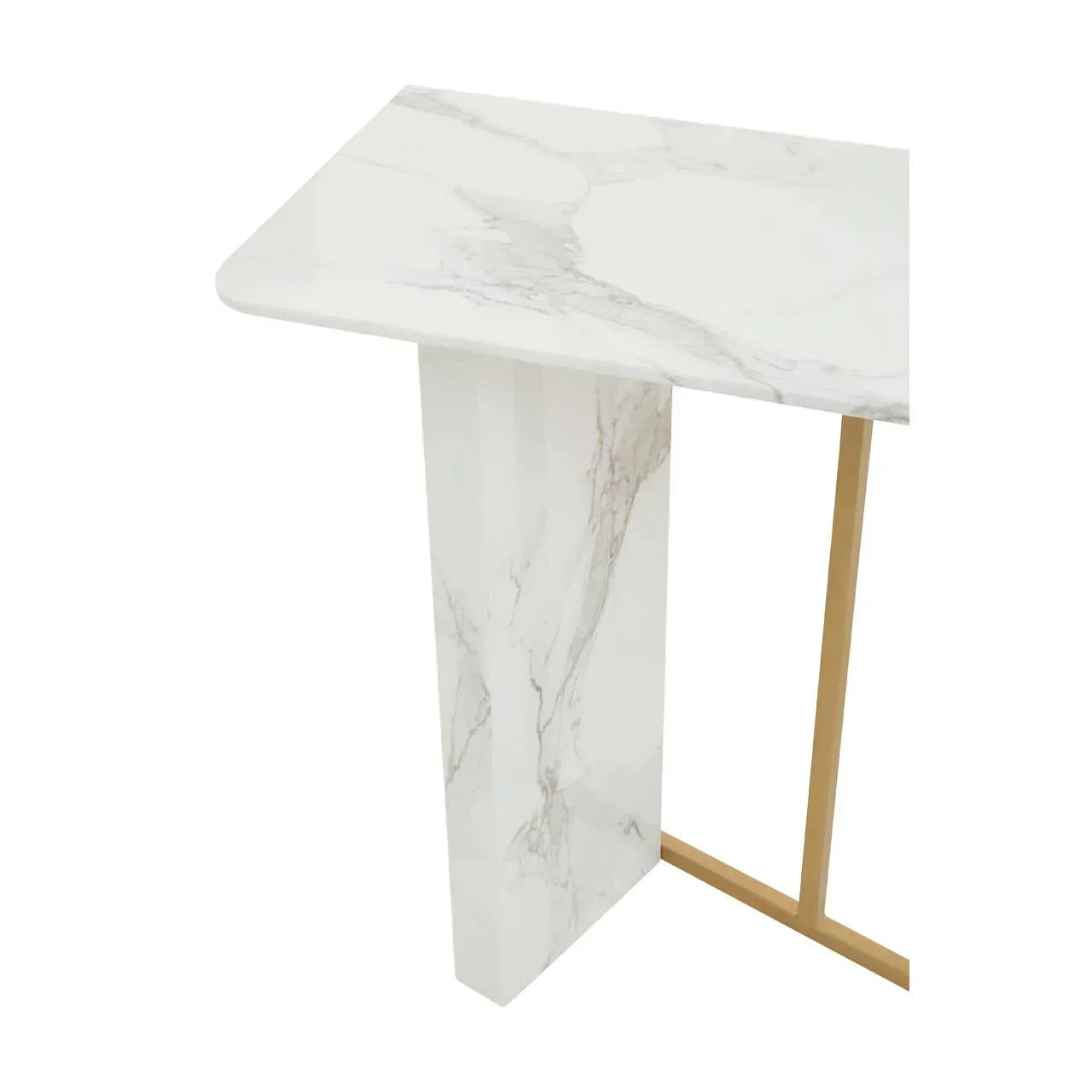 White marble console table with gold metal frame, close-up view of tabletop and leg