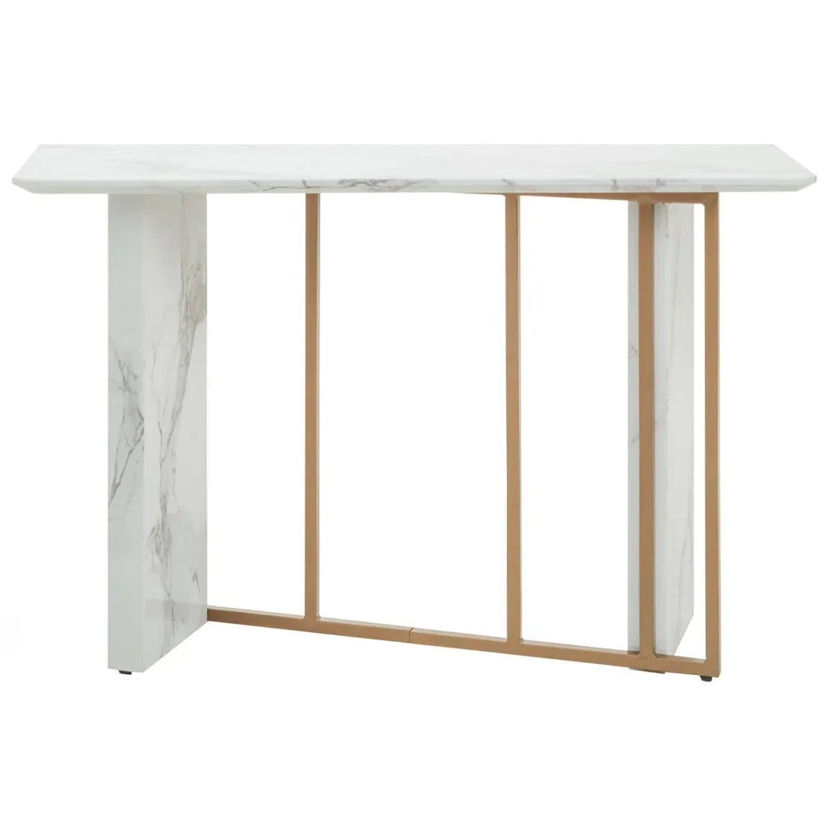 Marble console table with gold metal frame and white veined finish, front view