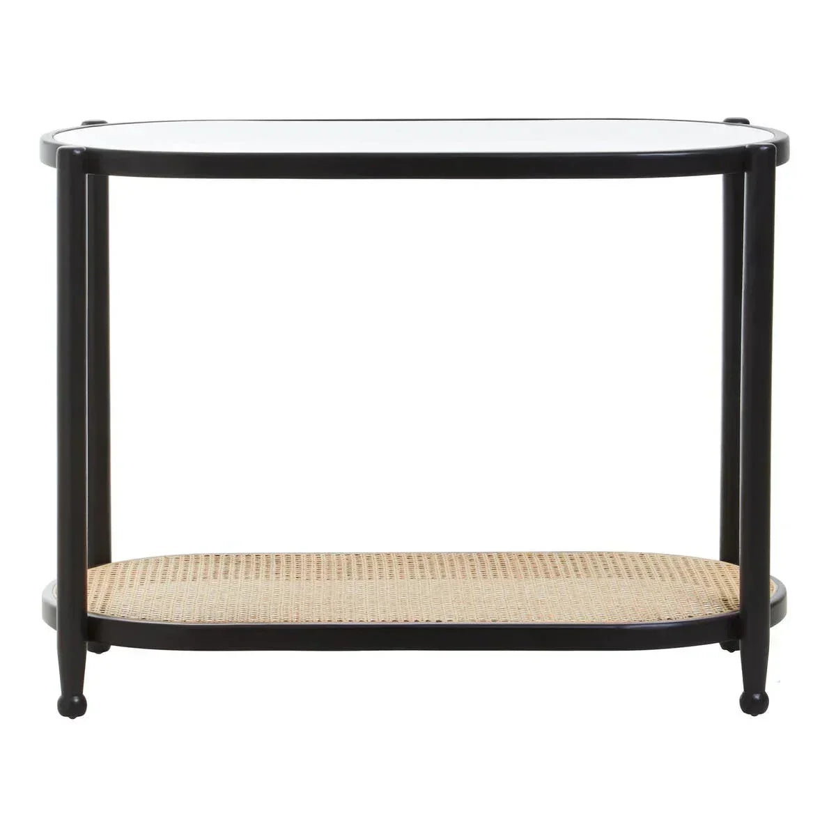 Black metal console table with glass top and rattan shelf, front view
