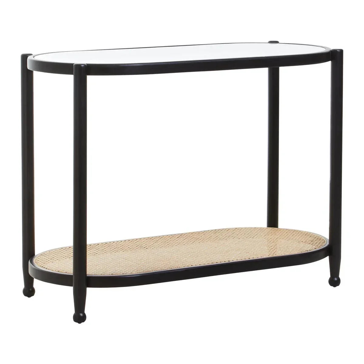 Oval console table with black metal frame, glass top, and rattan lower shelf