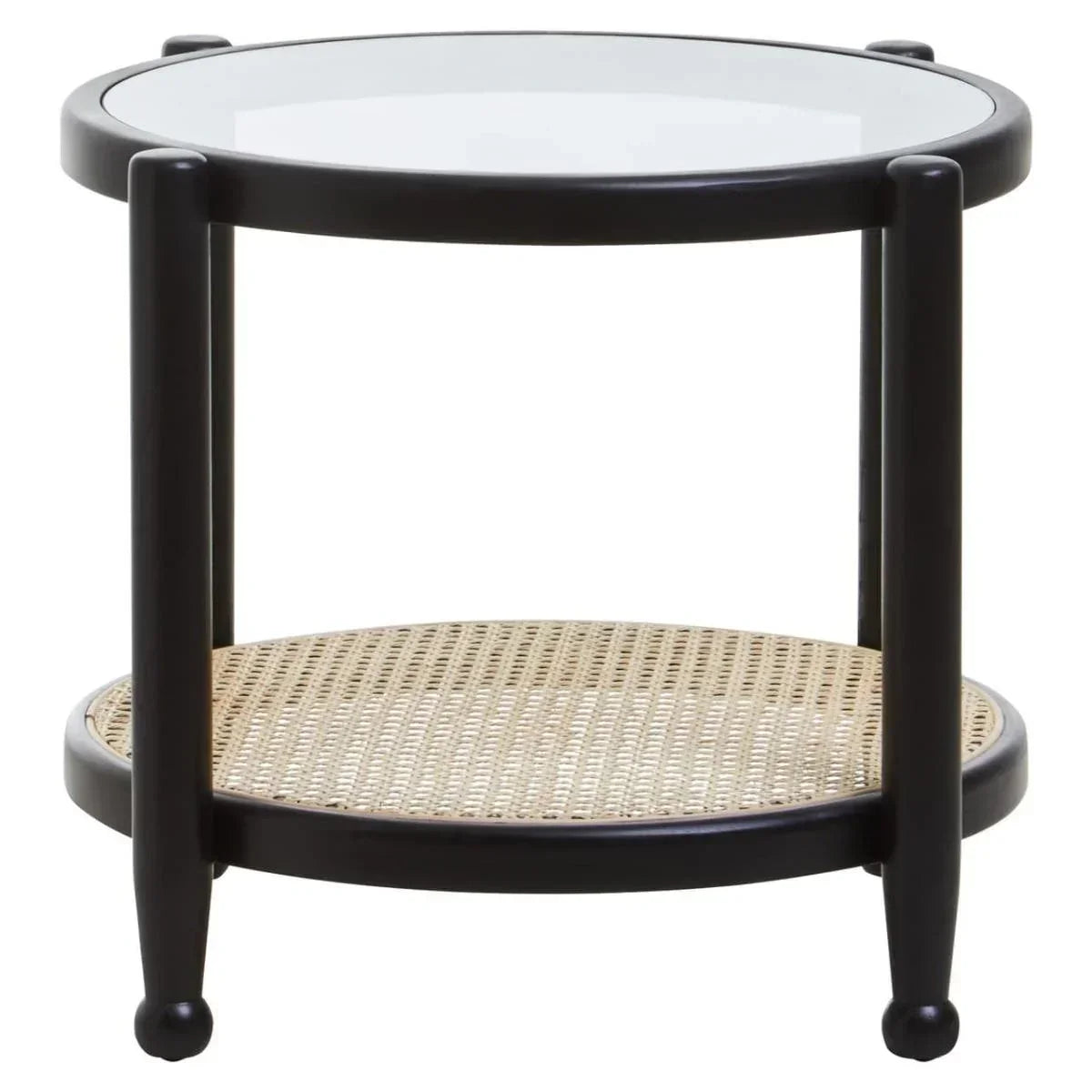 Round side table with black frame, glass top, and woven rattan lower shelf