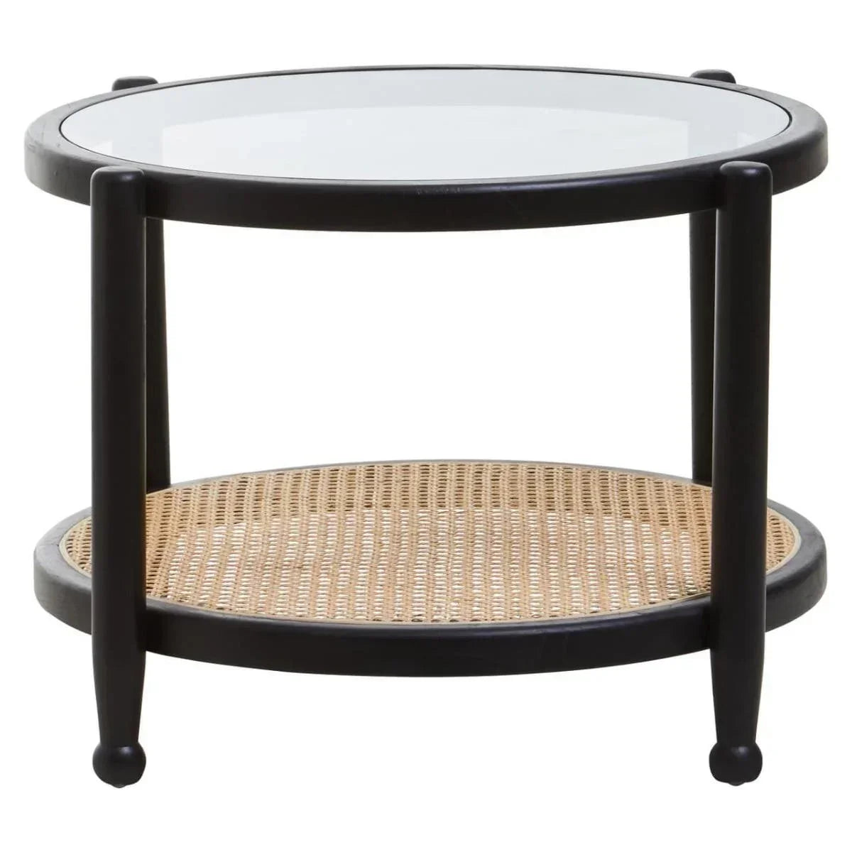 Round coffee table with black wooden frame, glass top, and woven rattan lower shelf