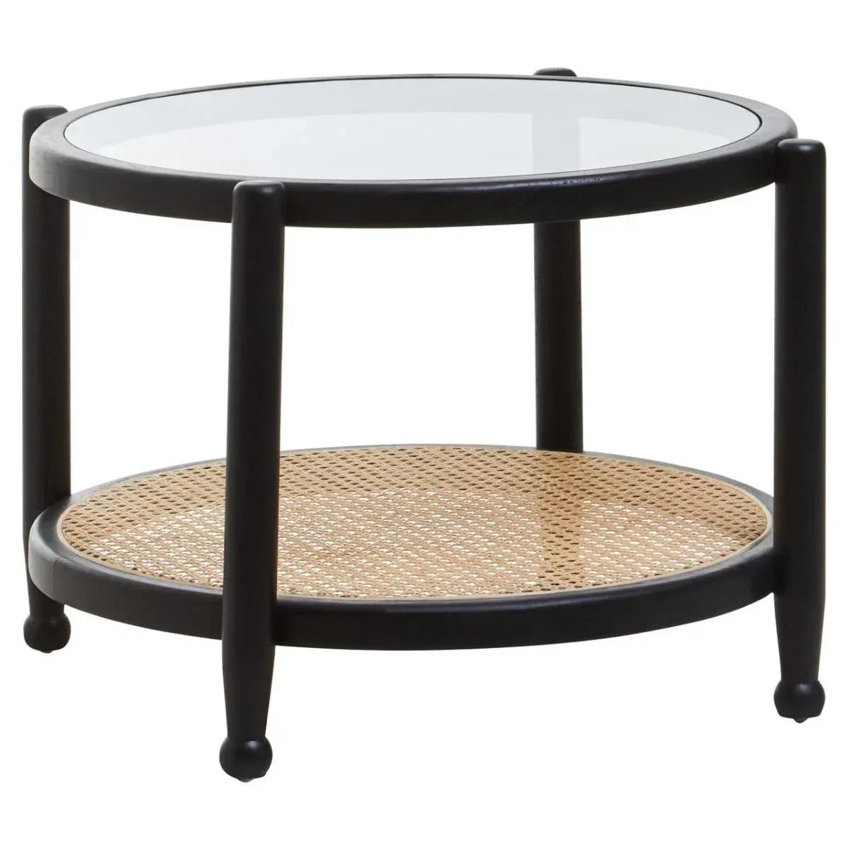 Round coffee table with black frame, glass top, and rattan shelf, front angle view