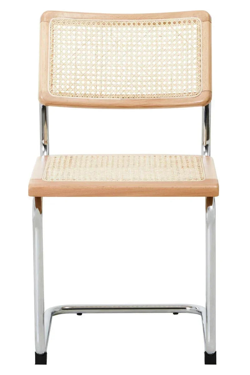 Rattan dining chair with chrome frame, wooden trim, cane seat and backrest, front view