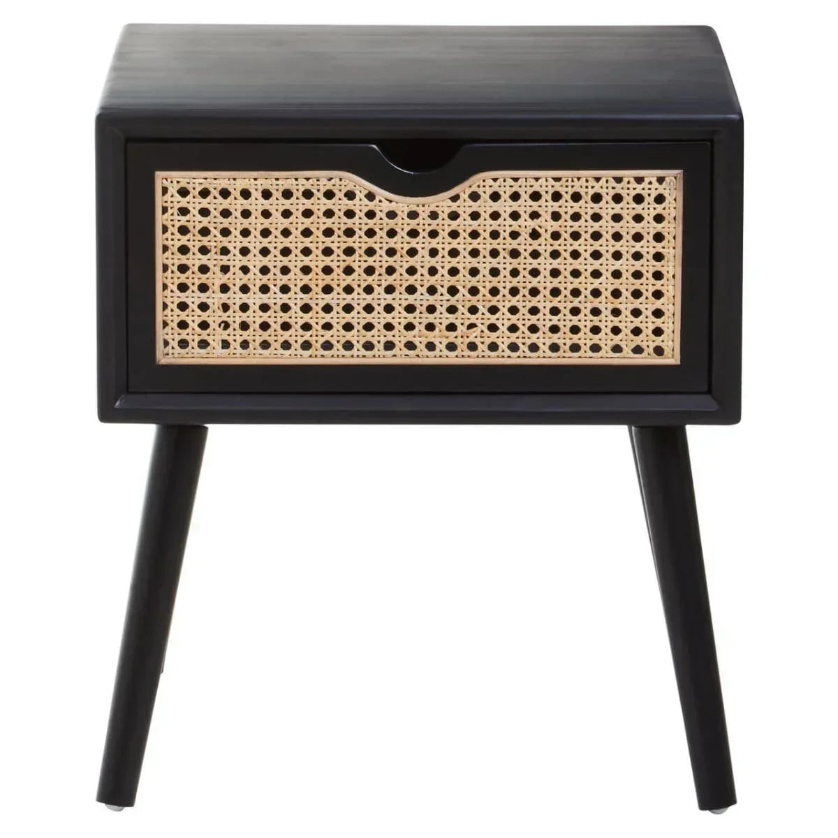 Black wooden bedside table with rattan drawer front and angled legs