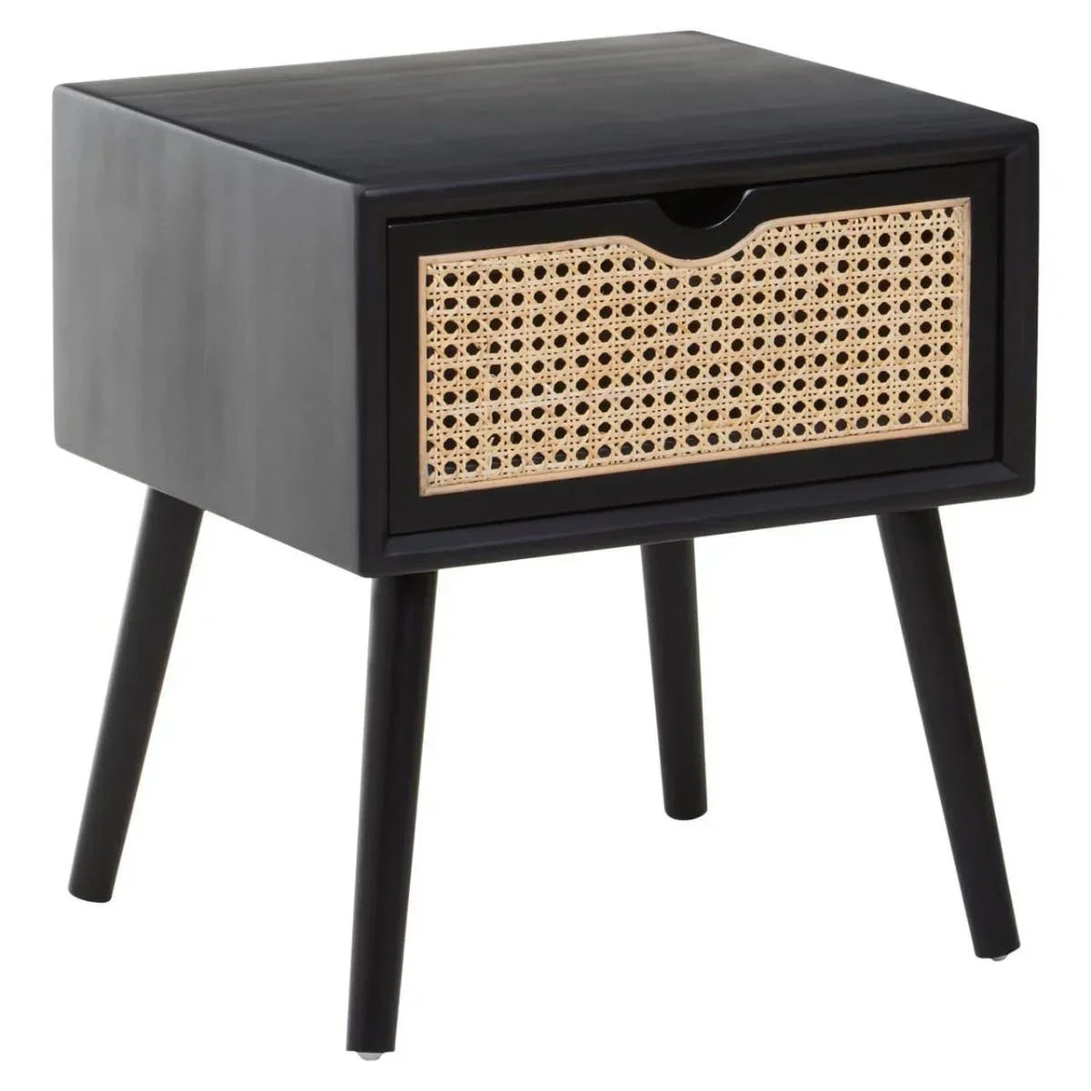 Black wooden bedside table with cane drawer front and angled legs