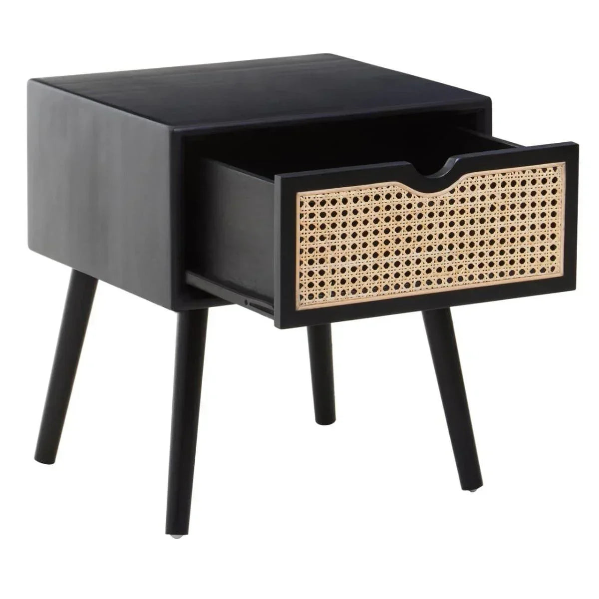 Black wooden bedside table with cane drawer front and open drawer, angled view