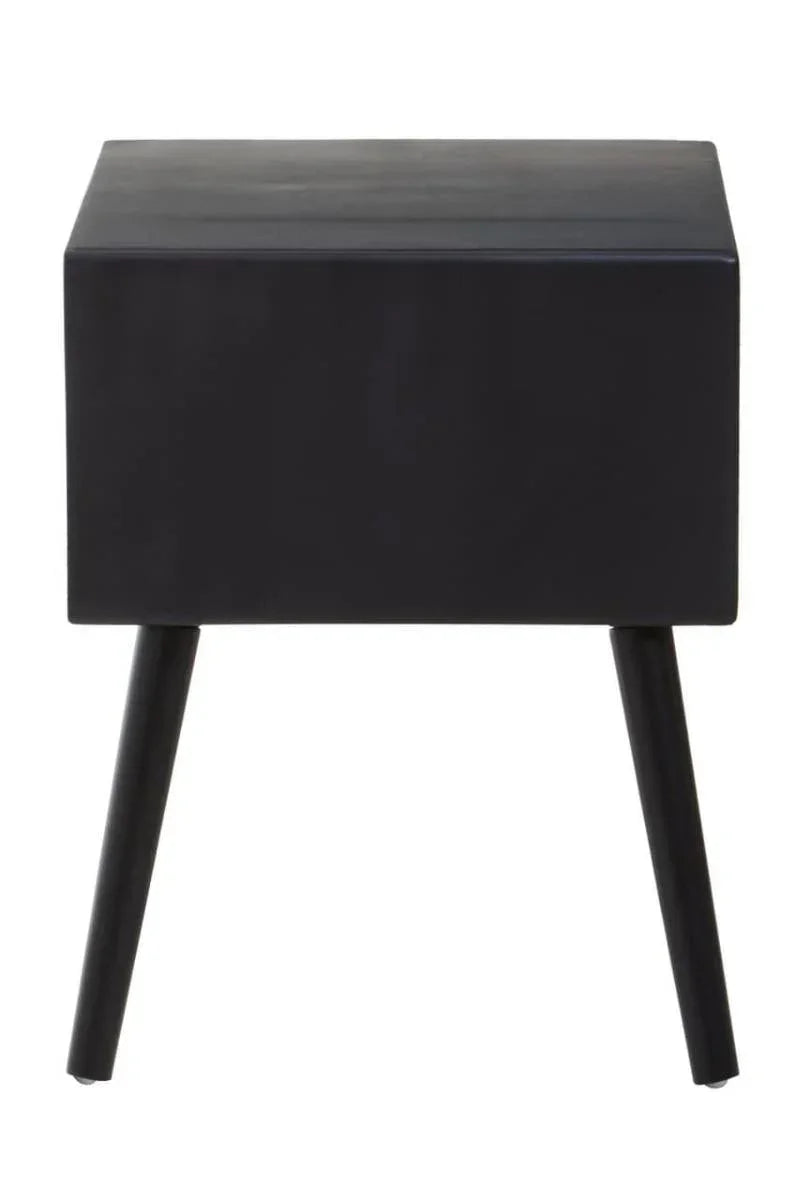 Black wooden bedside table with two splayed legs and rectangular body, front view