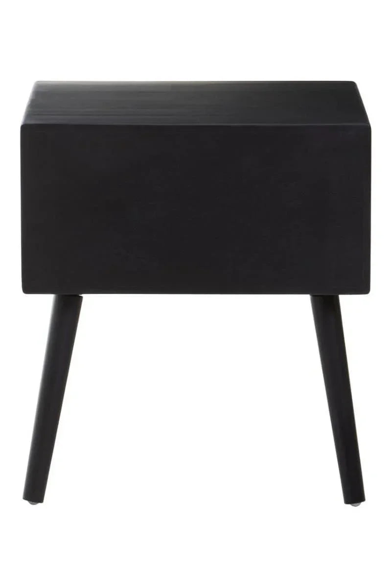 Black bedside table with two angled legs and smooth matte finish, front view