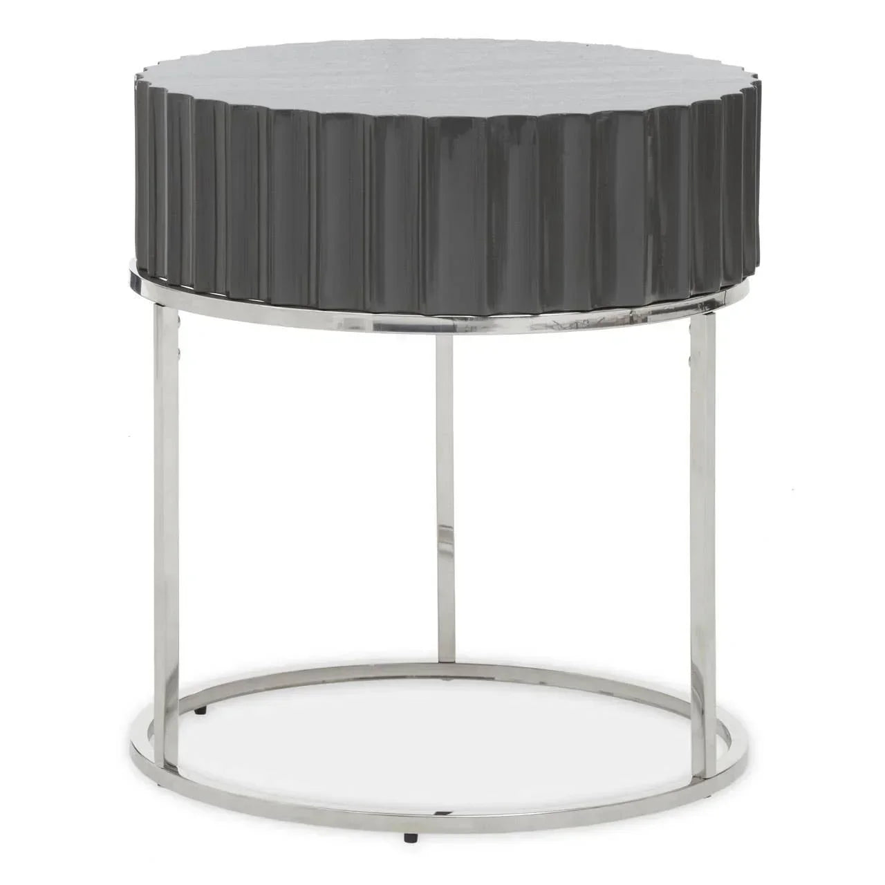 Round grey side table with fluted edge and chrome metal frame