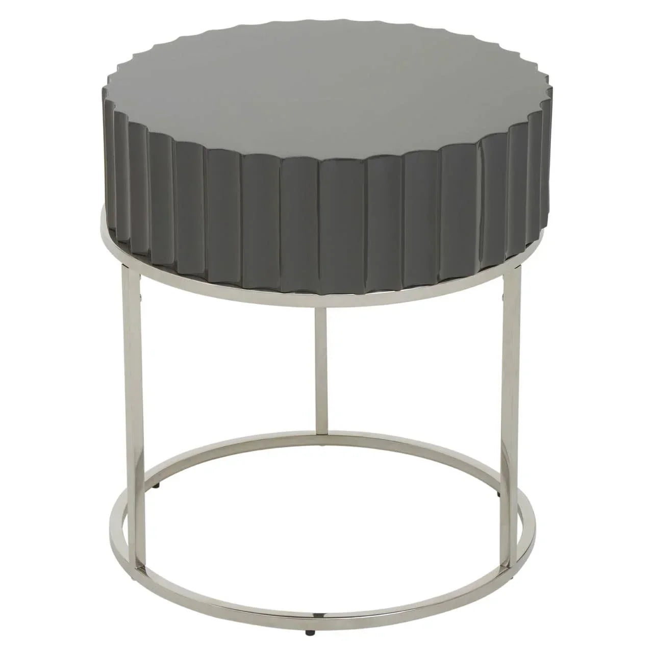 Grey round side table with textured drum top and metal frame
