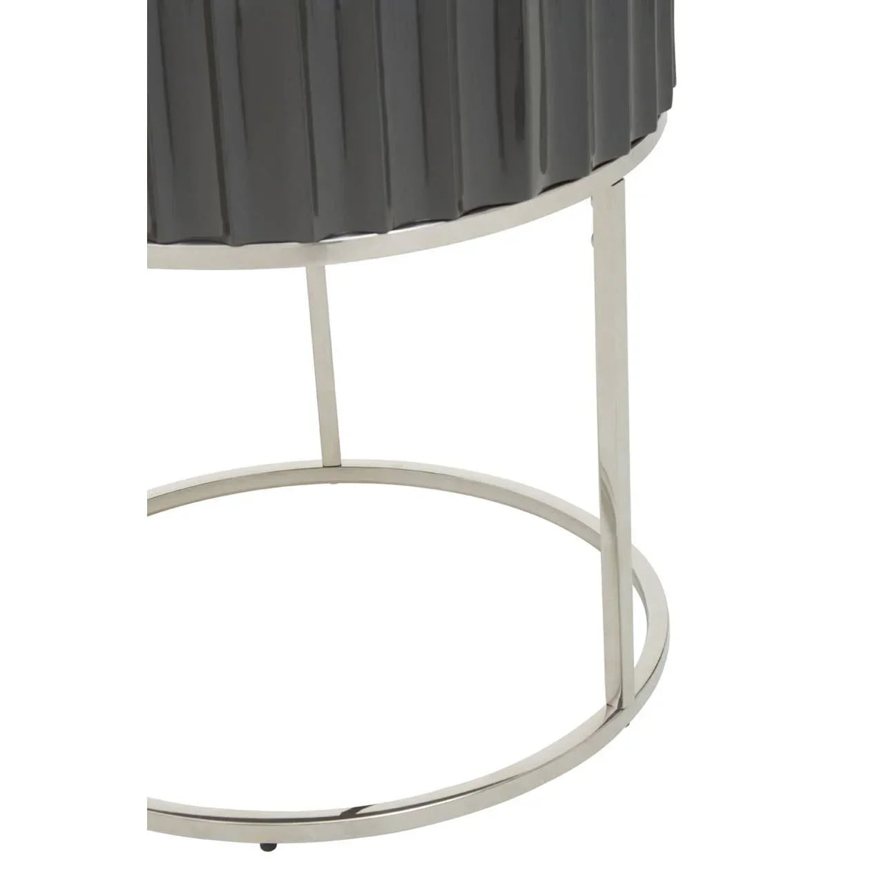 Grey side table with metal circular base and vertical ribbed detailing