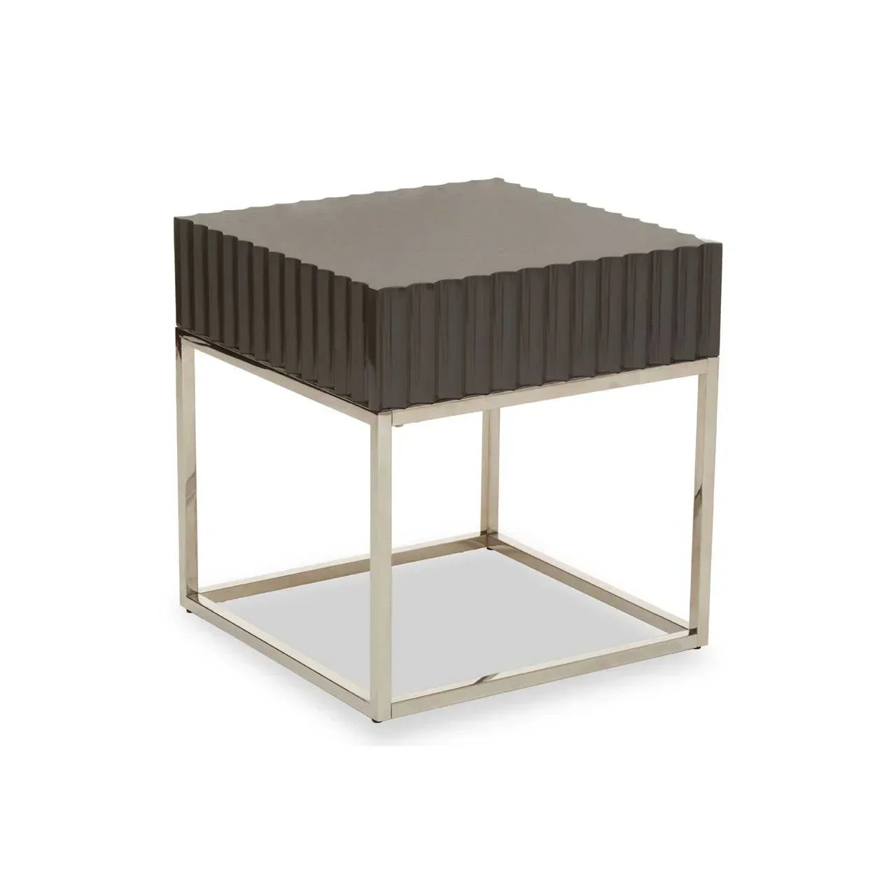 Square side table with ribbed grey top and chrome metal frame