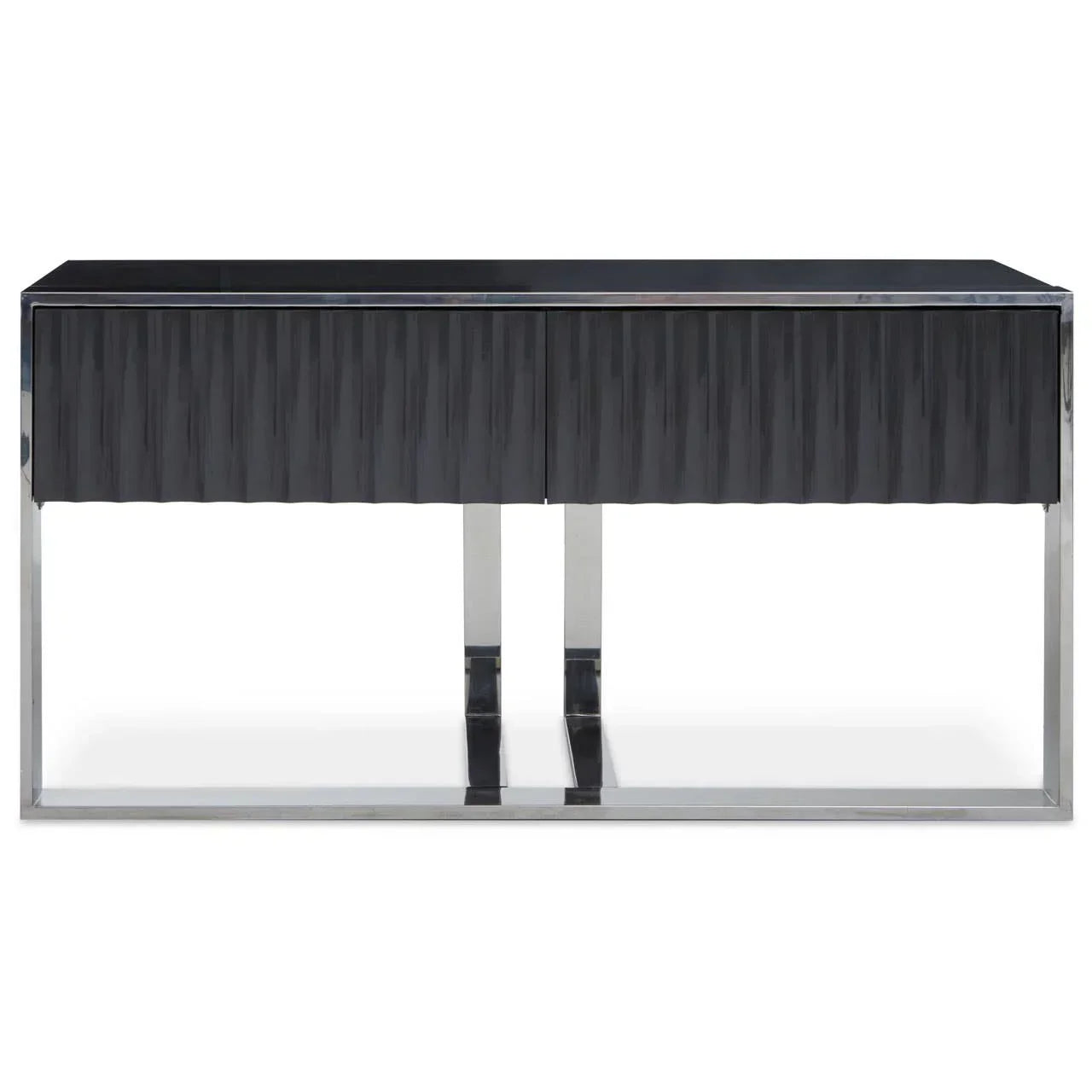 Black console table with textured front and chrome legs, straight-on view