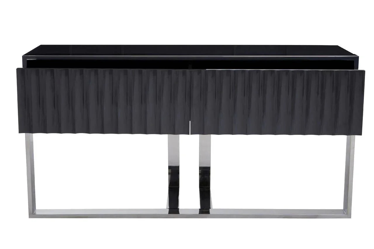 Black sideboard with ribbed front and chrome metal legs, modern furniture design