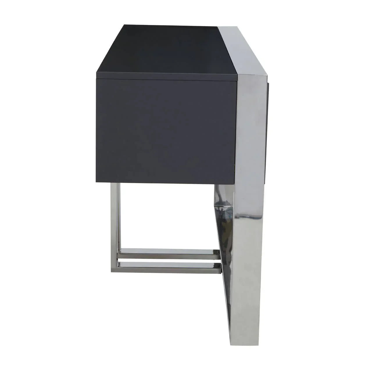 Side view of black console table with chrome metal legs and modern design