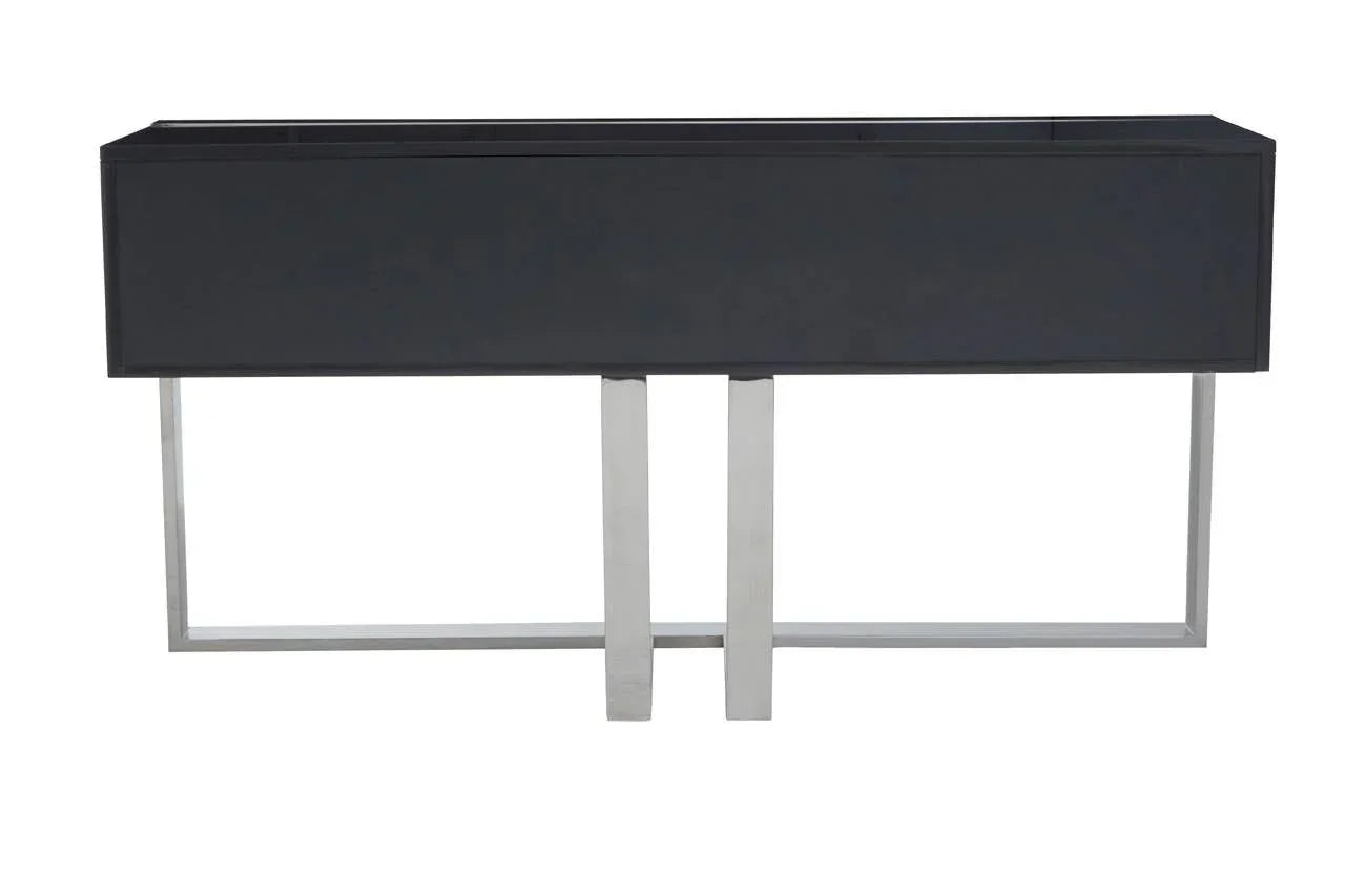 Black rectangular planter box with silver metal legs and modern minimalist design