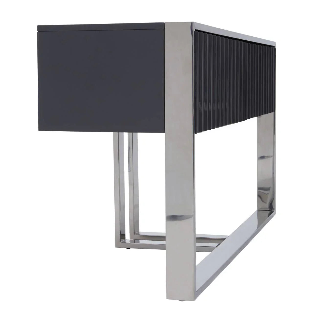 Grey gloss console table with chrome metal frame and ribbed side panel, angled view