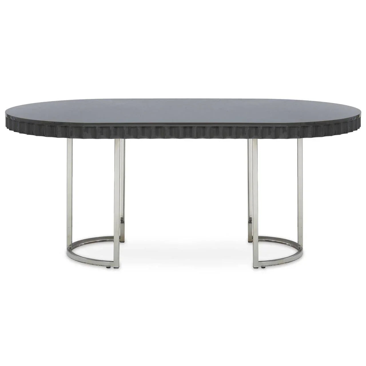 Oval dining table with black textured top and chrome metal legs, front view