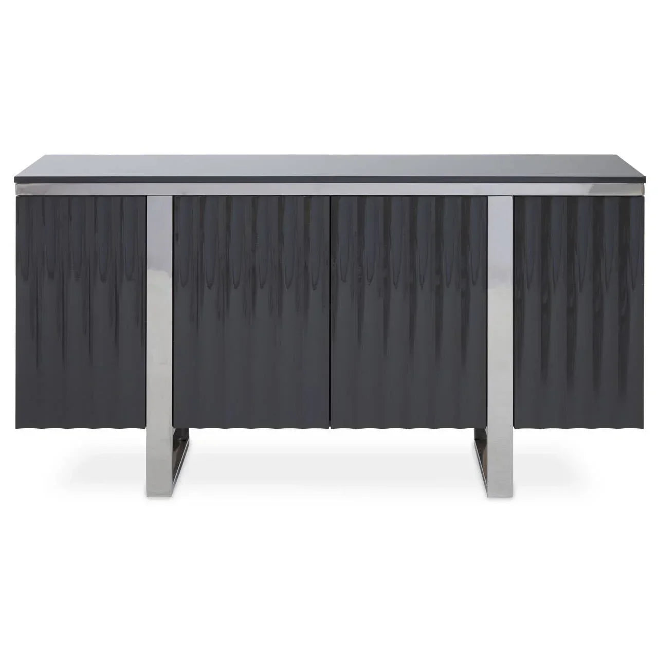Glossy black sideboard with textured doors and chrome legs, modern storage furniture front view
