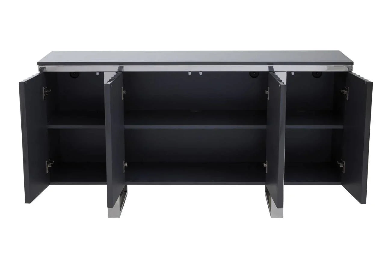 Modern black sideboard with three open cabinet doors, interior shelving, and metal legs