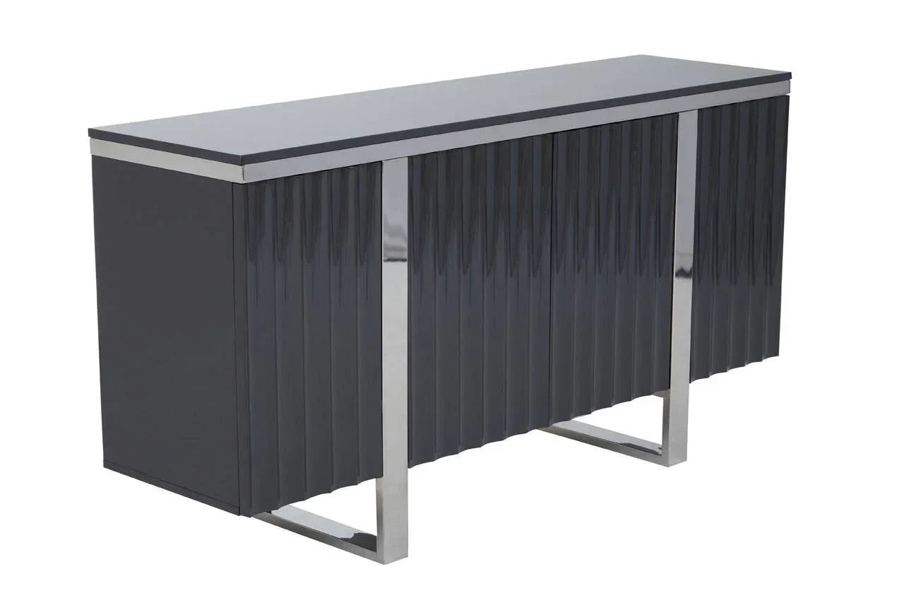 Black gloss sideboard with vertical panel design and chrome metal legs, angled side view