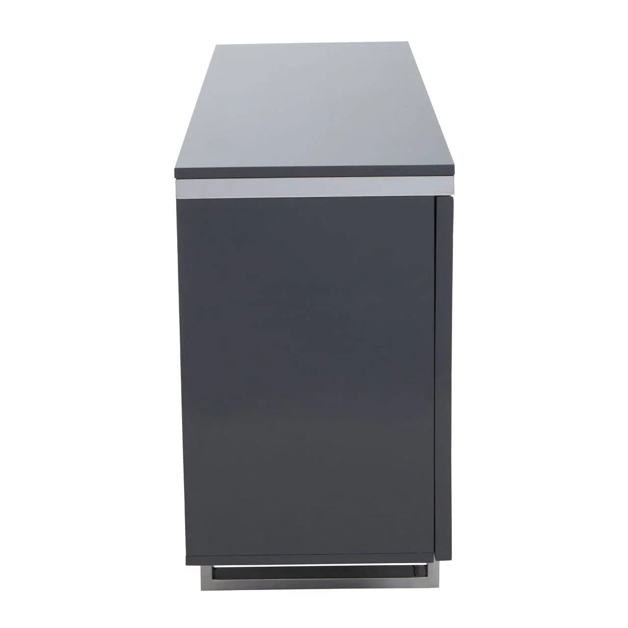 Side view of modern grey sideboard with sleek metal base and smooth finish