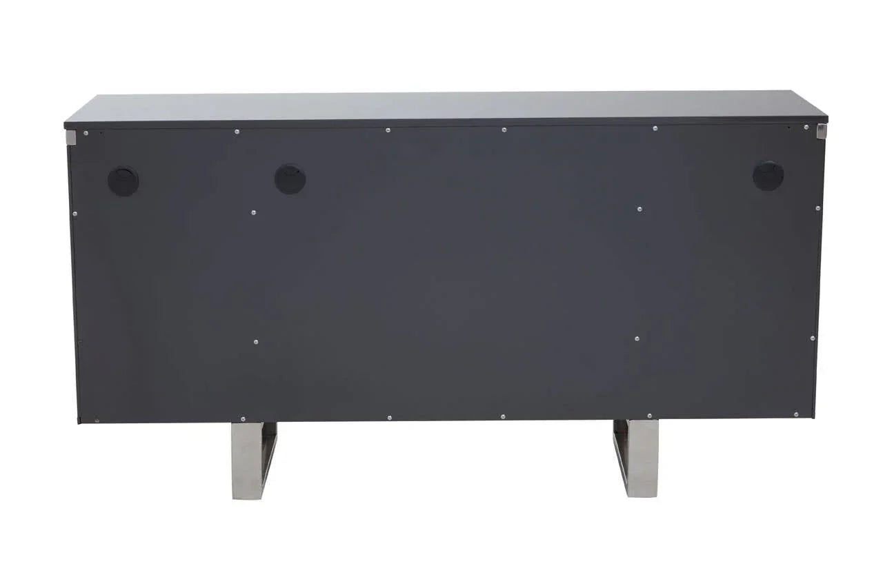 Rear view of modern sideboard with dark panel and metal legs