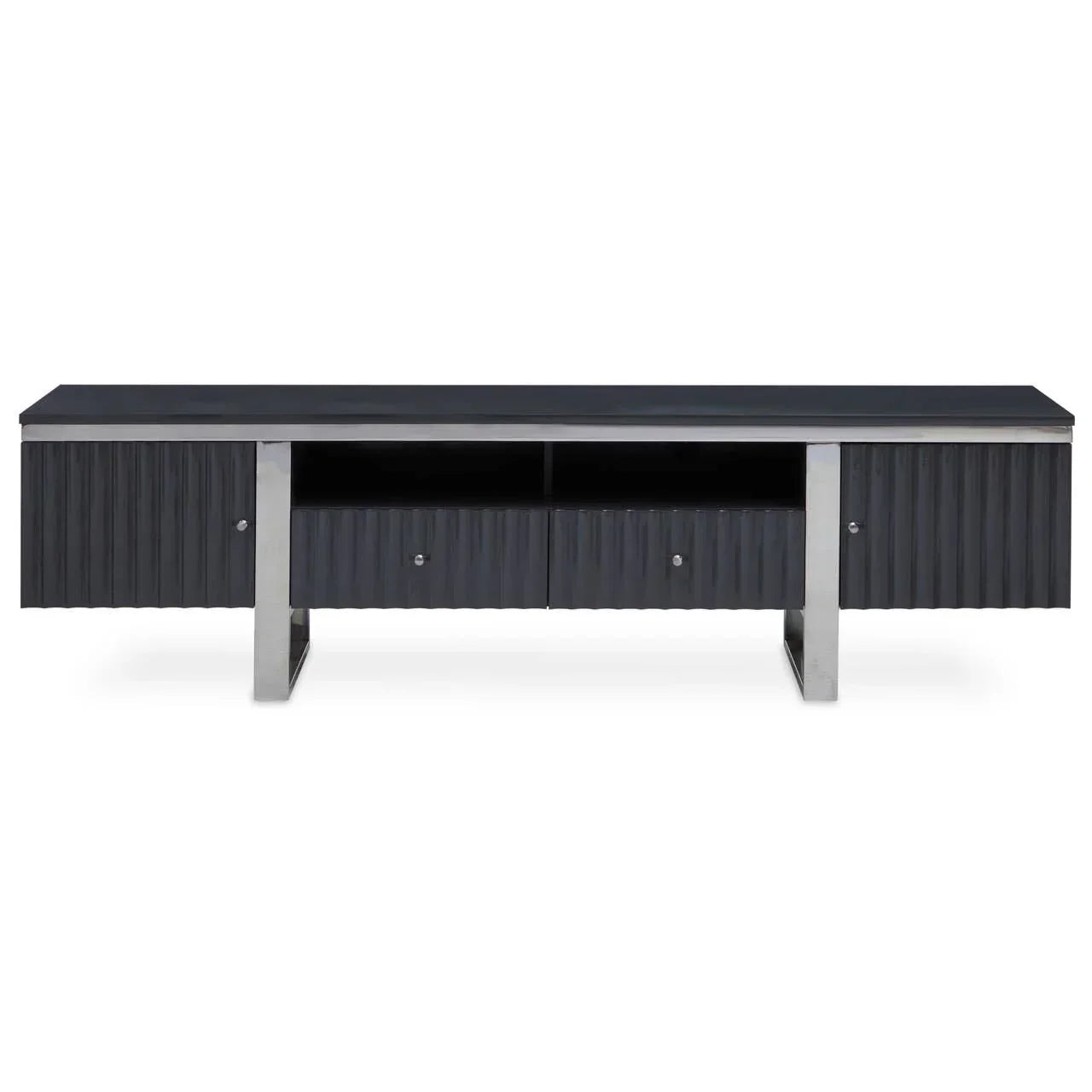 Black TV unit with ribbed doors, chrome legs, two shelves and lower drawers, front view