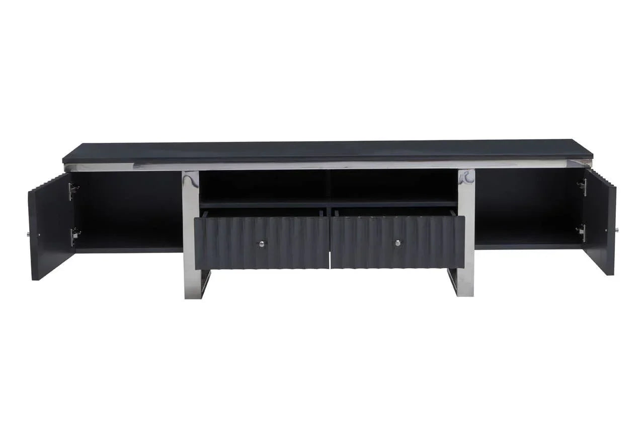 Black TV unit with metal legs, open side cabinets and center drawers, front view