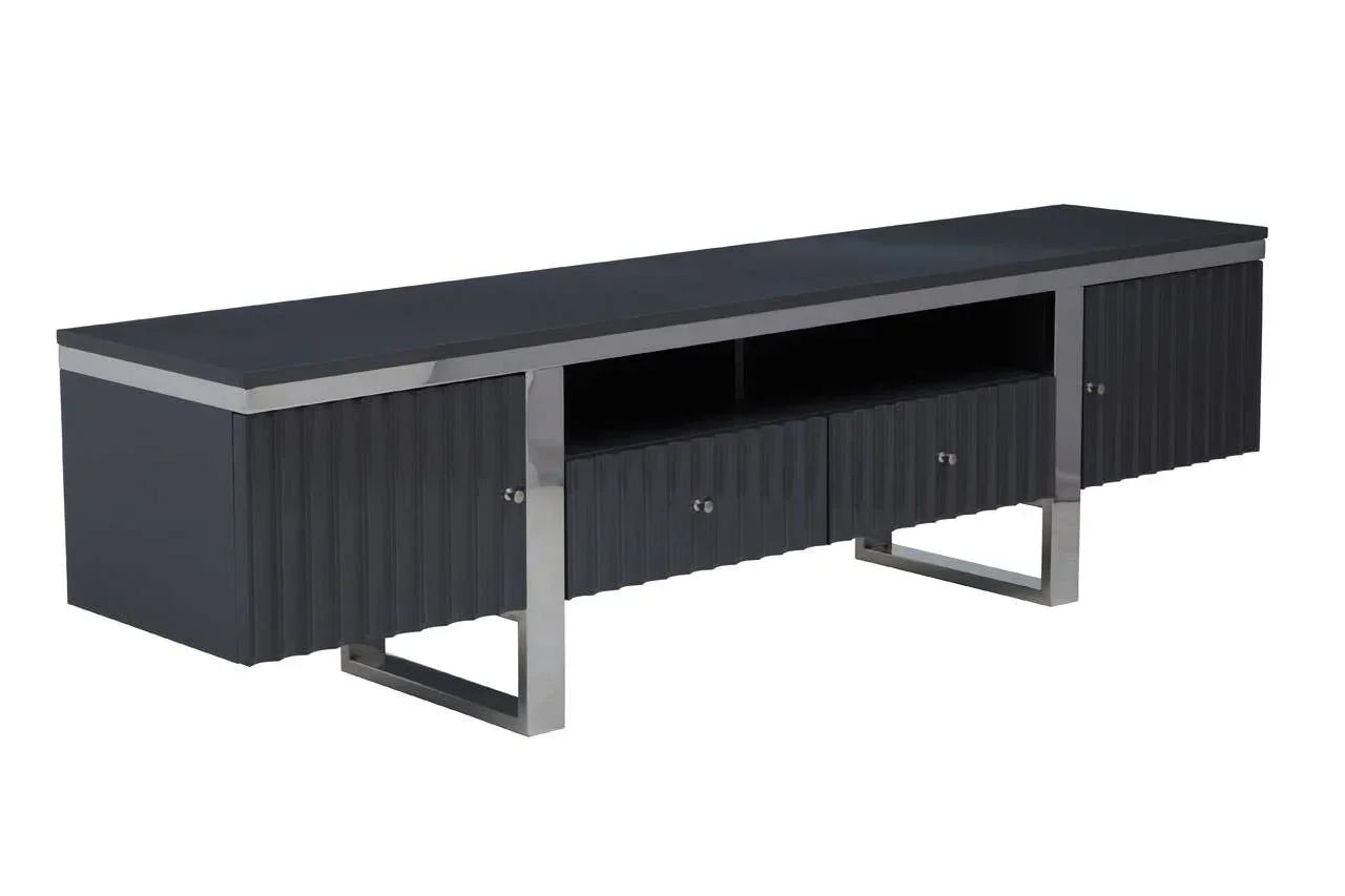 Black TV unit with ribbed doors, open shelf, silver trim and metal legs