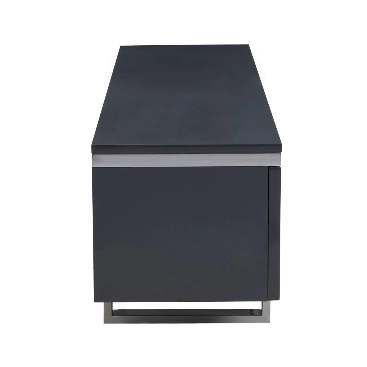 Side view of a modern dark grey coffee table with chrome metal base