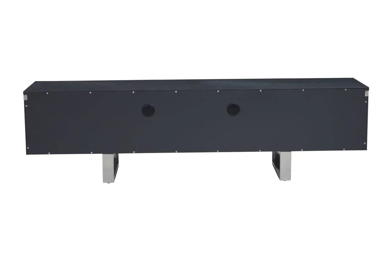 Black TV unit back view with cable management holes and metal legs