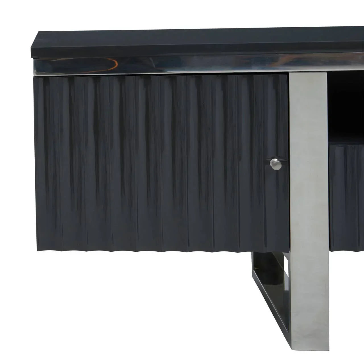 Black wood sideboard with ribbed doors and stainless steel legs, close-up angle