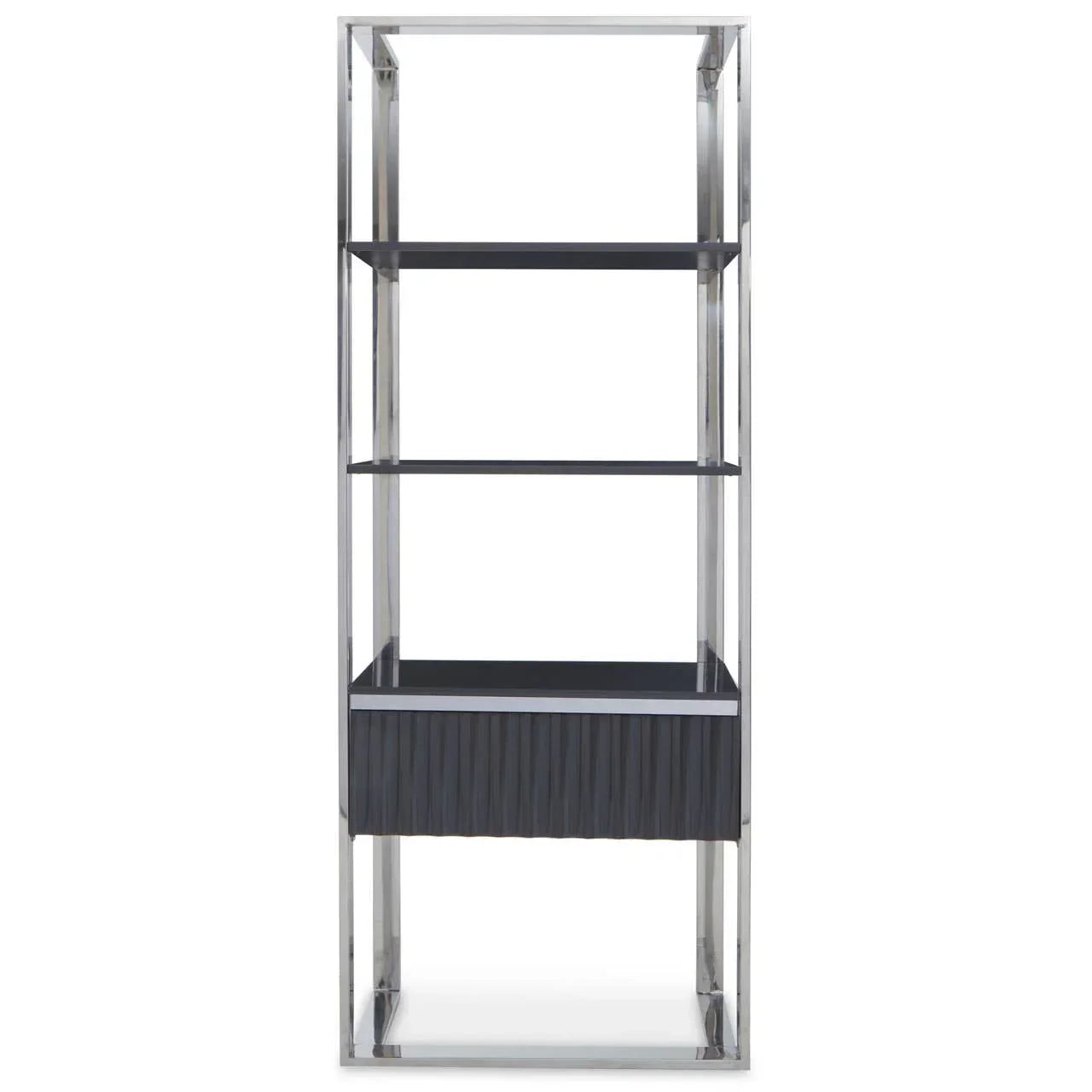 Tall shelving unit with chrome frame, black shelves, and lower textured cabinet