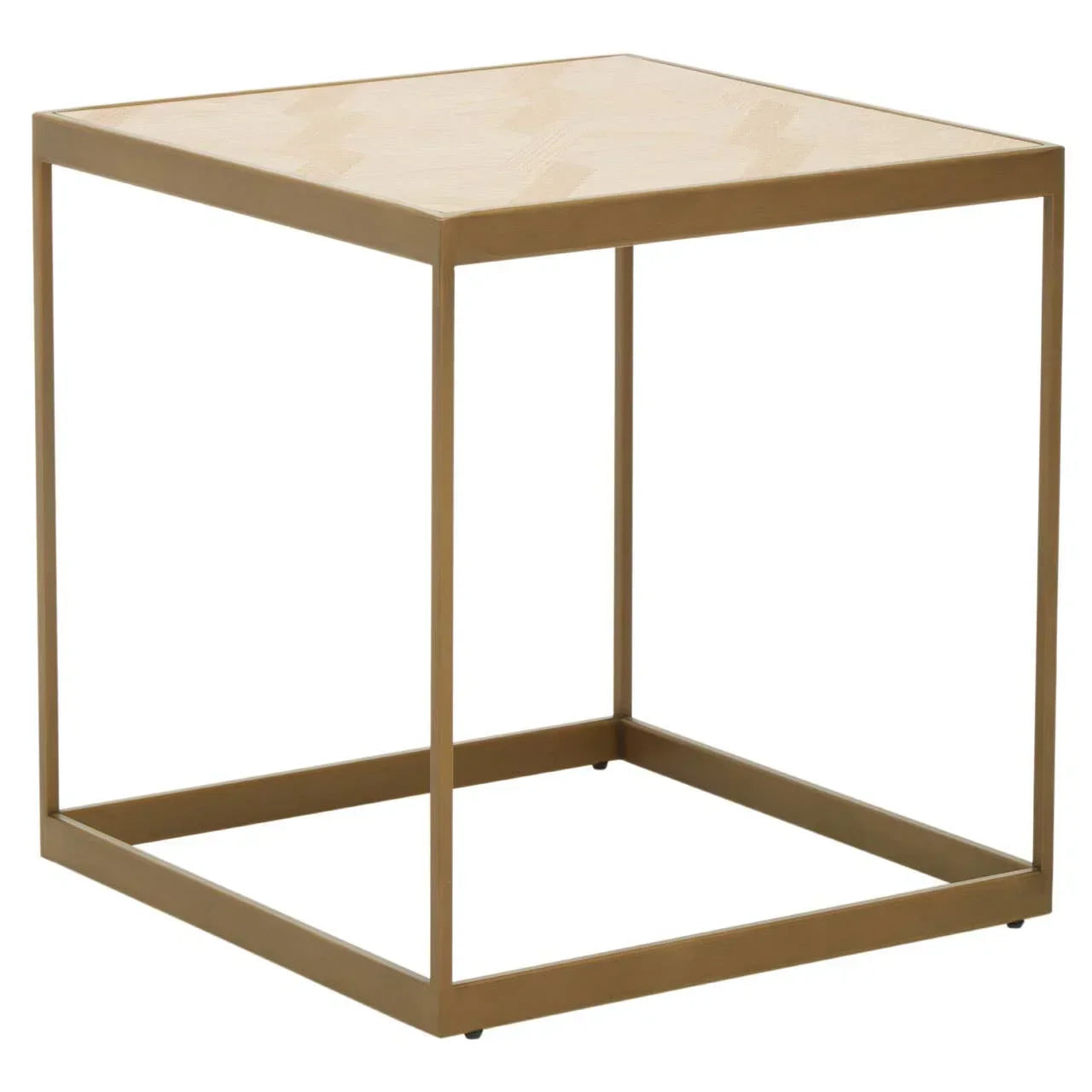 Square side table with gold metal frame and light wood top, modern minimalist style