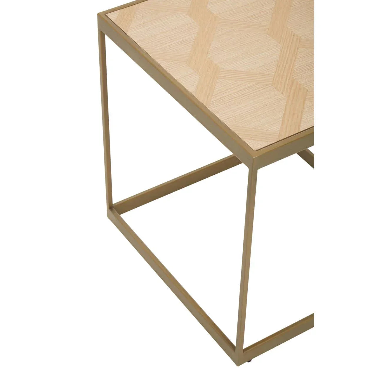 Modern side table with light wood chevron top and gold metal frame, angled corner view