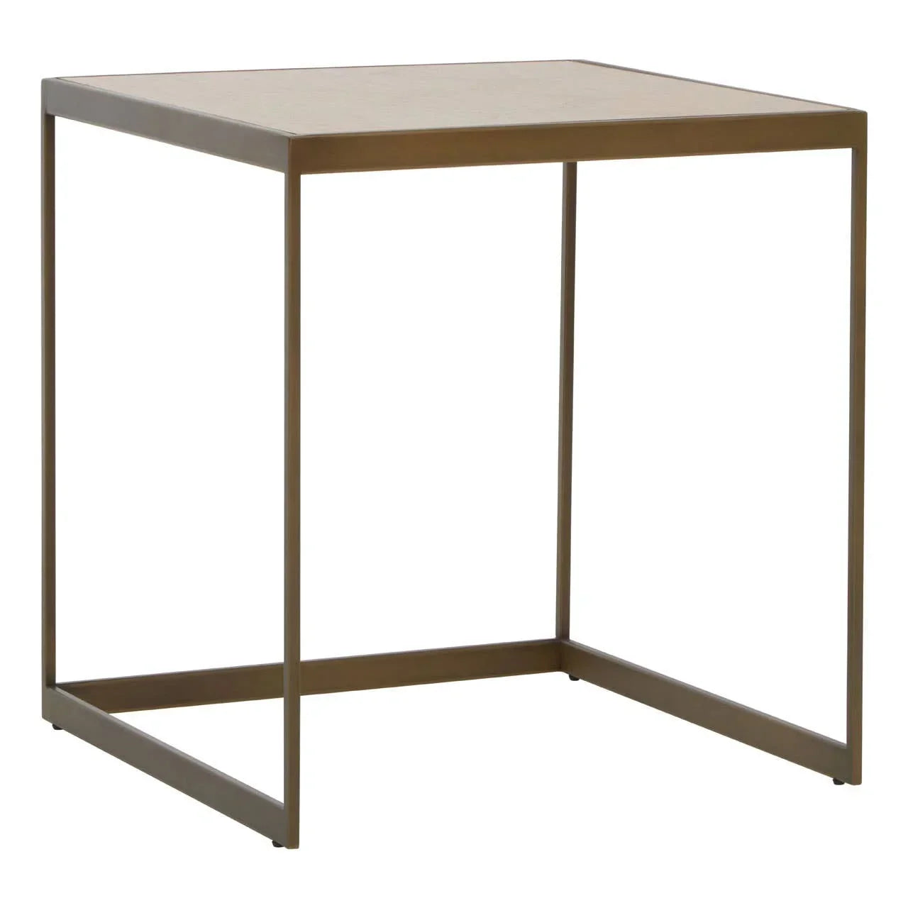 Square metal side table with minimalist bronze frame and open base design