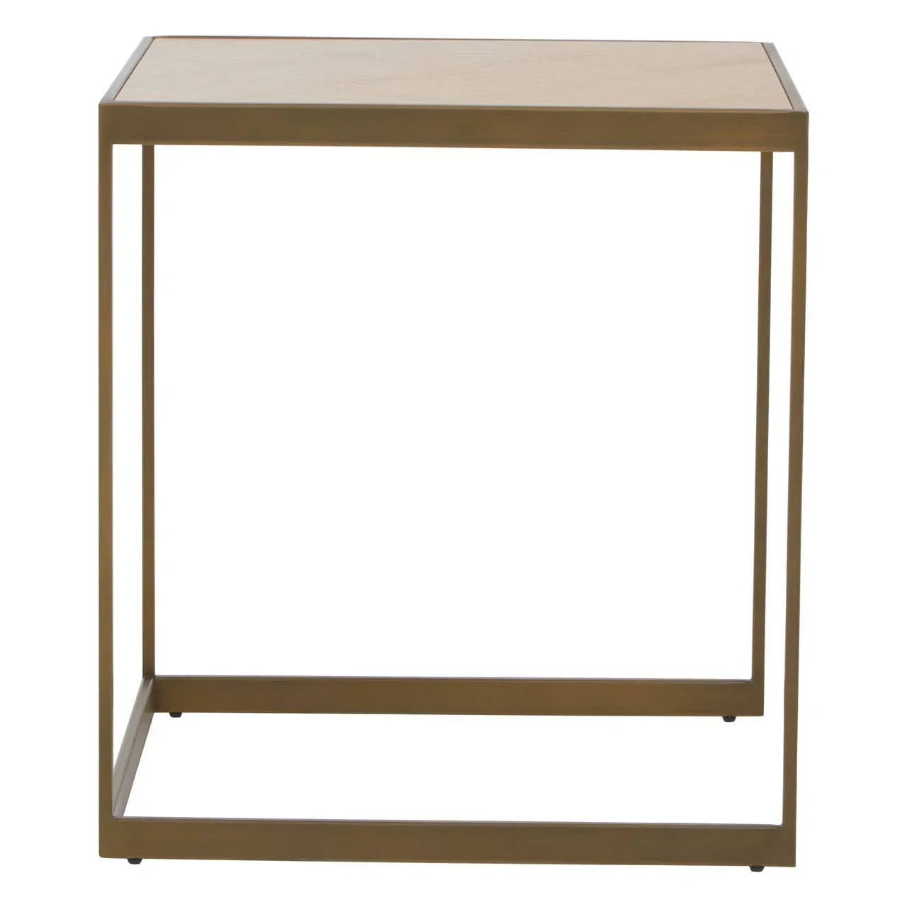 Square side table with light wood top and gold metal frame, modern minimalist design