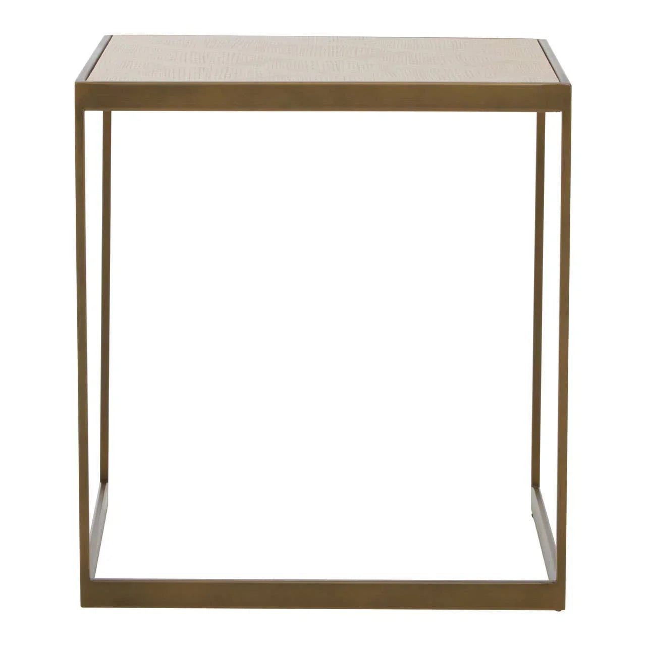 Square metal side table with a light wood top and minimalist gold frame, front view