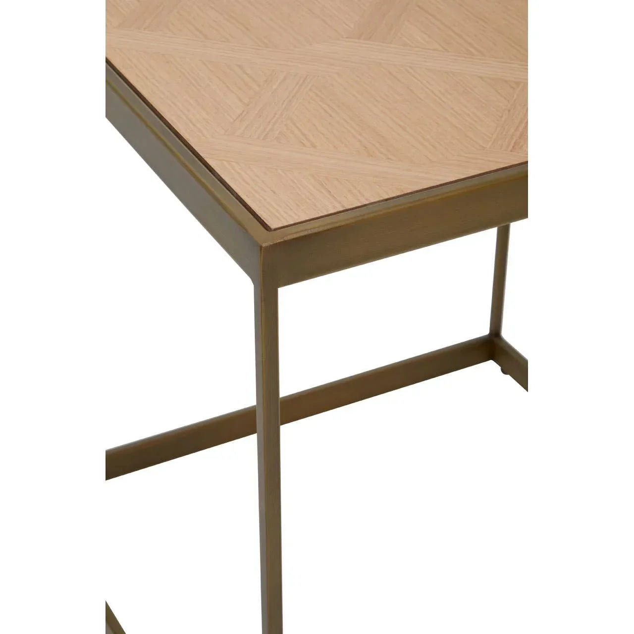 Square wooden side table with light wood top and metal frame, close corner view