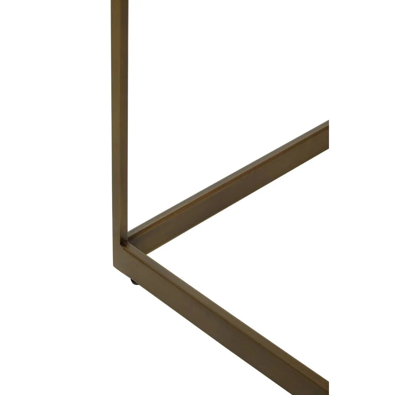 Close view of bronze metal table leg frame with clean angular lines