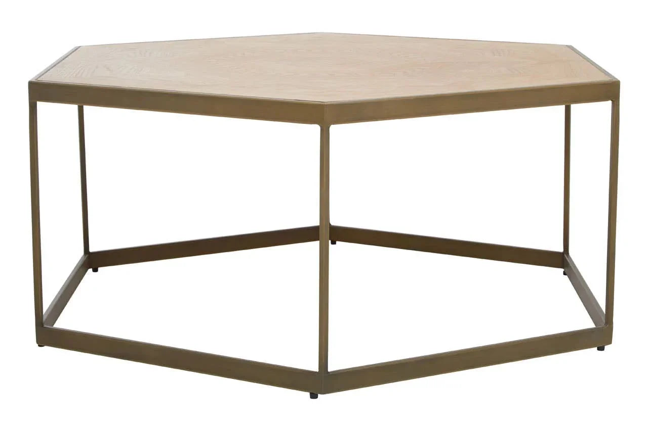 Hexagonal coffee table with light wood top and gold metal frame