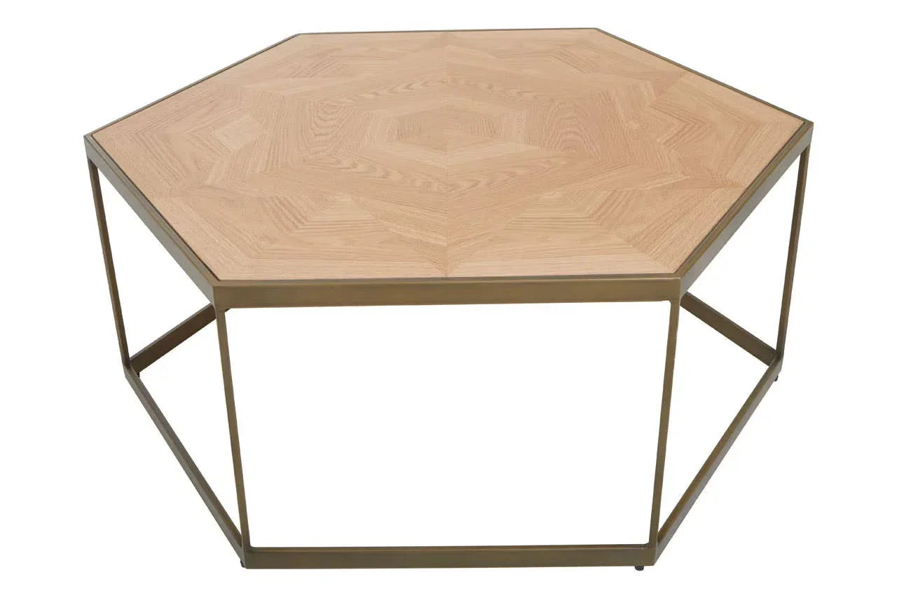 Hexagonal wooden coffee table with geometric metal frame and natural finish