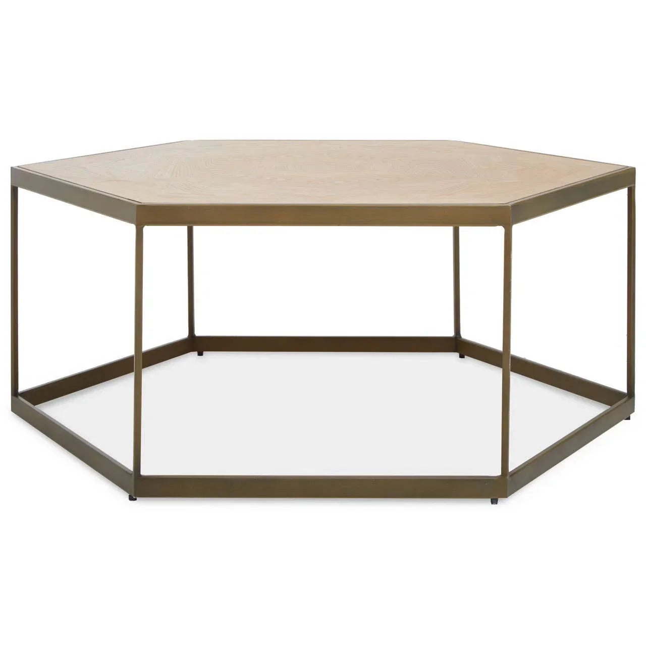 Hexagonal wood coffee table with metal frame, light finish and geometric design